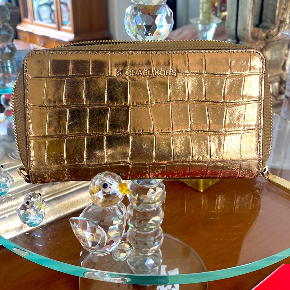 Michael Kors Gold Croc Embossed Leather Zip Wallet